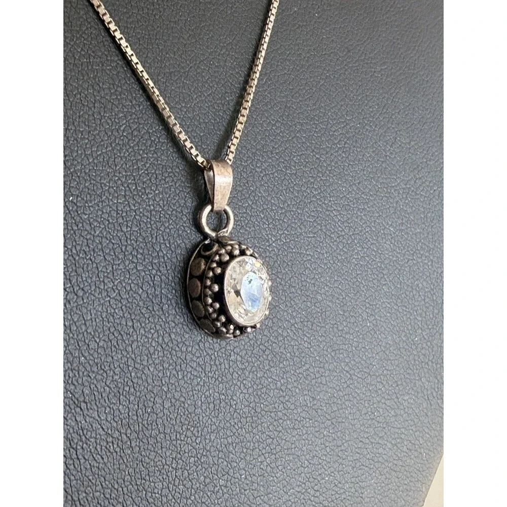 925 Sterling Silver Oval Clear Gemstone Pendant Necklace Vintage boho native